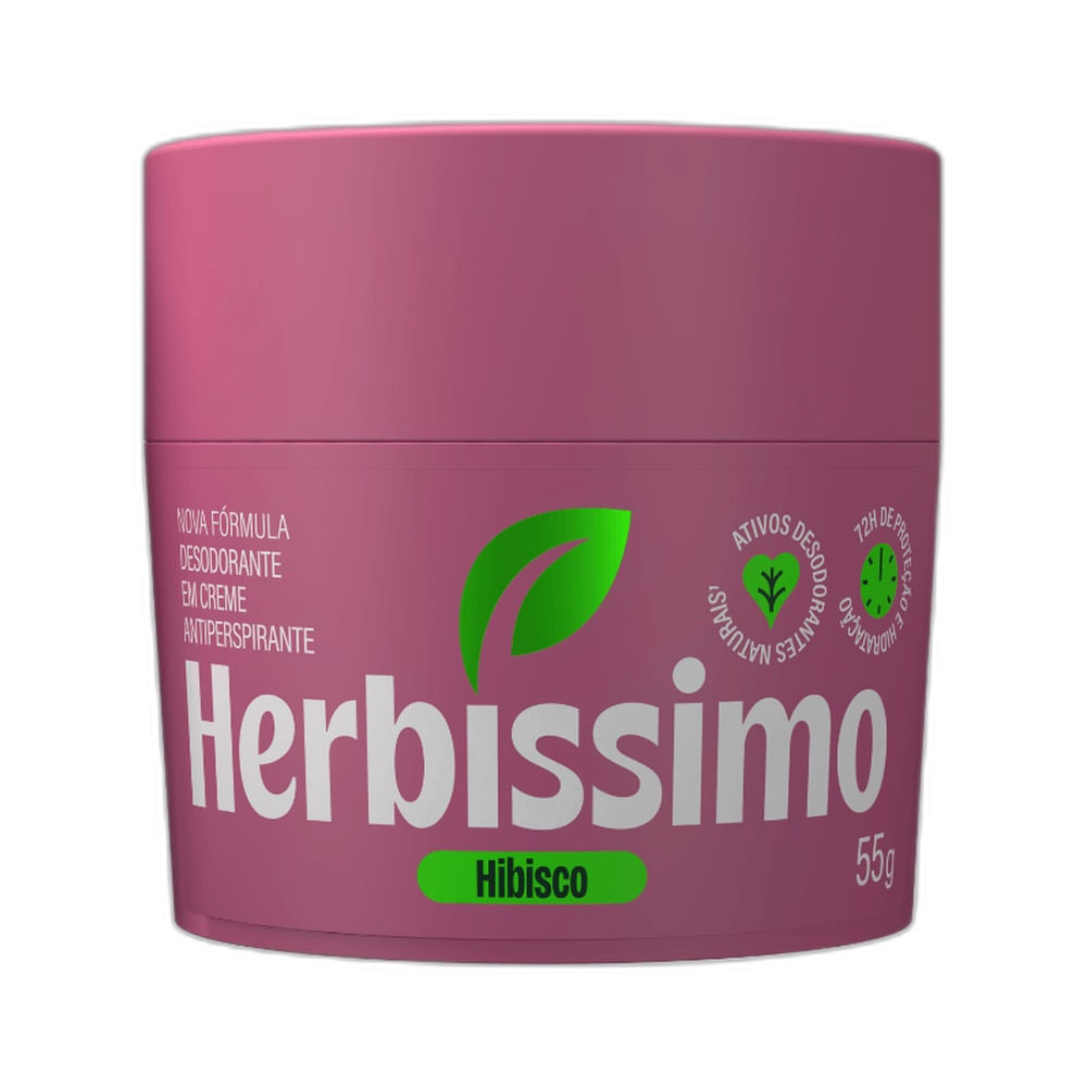 Desodorante creme Herbíssimo Hibisco 55g embalagem rosa com tampa rosada